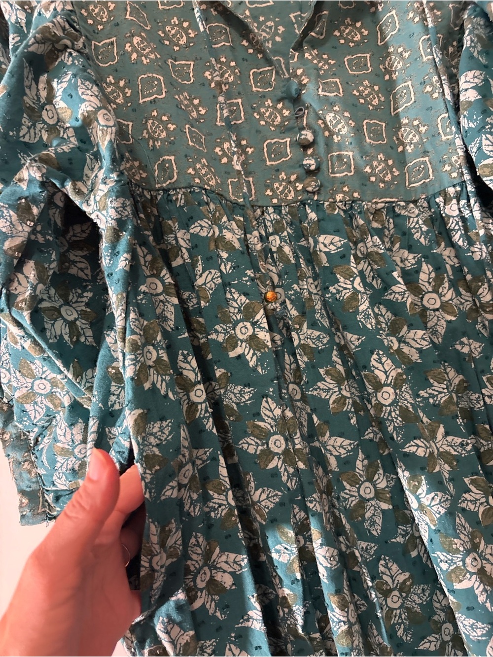 Free People Green/Teal Floral Maxi Dress with Puff Sleeves - Picture 5 of 9